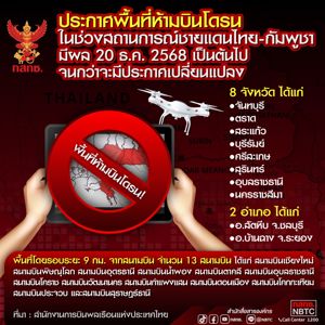 ประกาศพื้นที่ห้ามบินโดรน ในช่วงสถานการณ์ชายแดนไทย-กัมพูชา มีผล 20 ธ.ค. 2568 เป็นต้นไป จนกว่าจะมีประกาศเปลี่ยนแปลง 